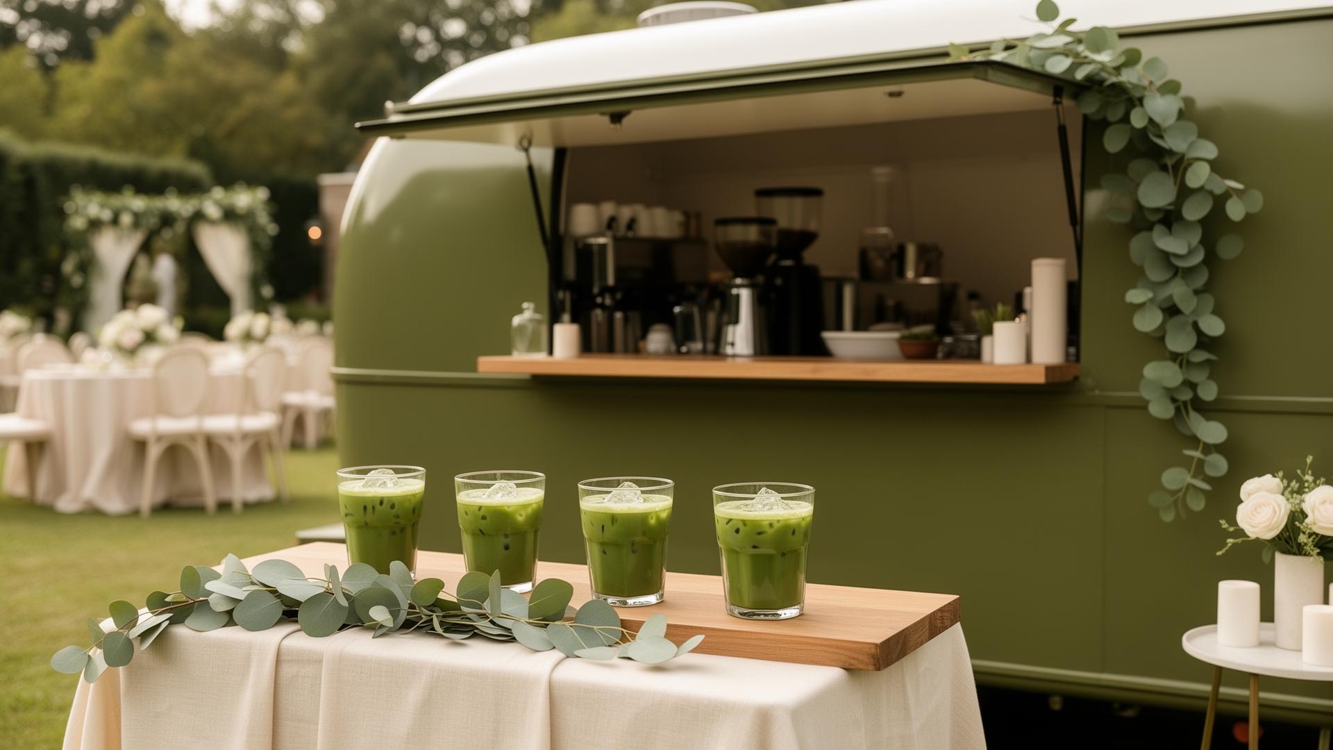 Olive green luxury mobile coffee trailer at an elegant outdoor event